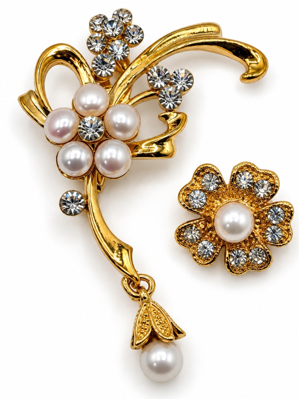 Vintage Gold Tone Floral Brooch Set Faux Pearl Rhinestone Flower Pins